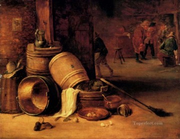  David Decoraci%C3%B3n Paredes - Una escena interior con ollas, barriles, cestas, cebollas y coles, David Teniers el Joven.